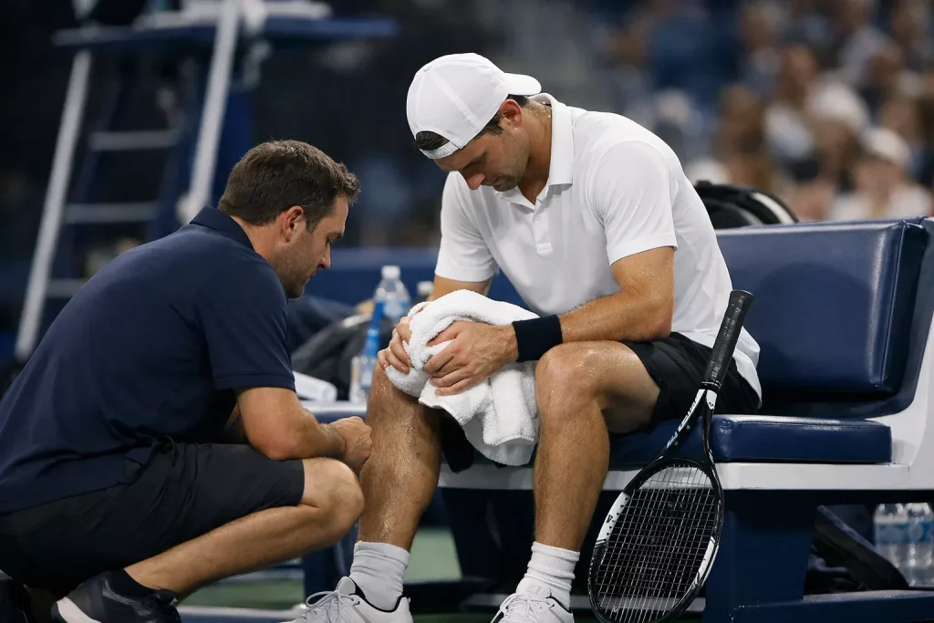 Tennisspieler sitzt mit Handtuch auf der Bank beim Medical Timeout