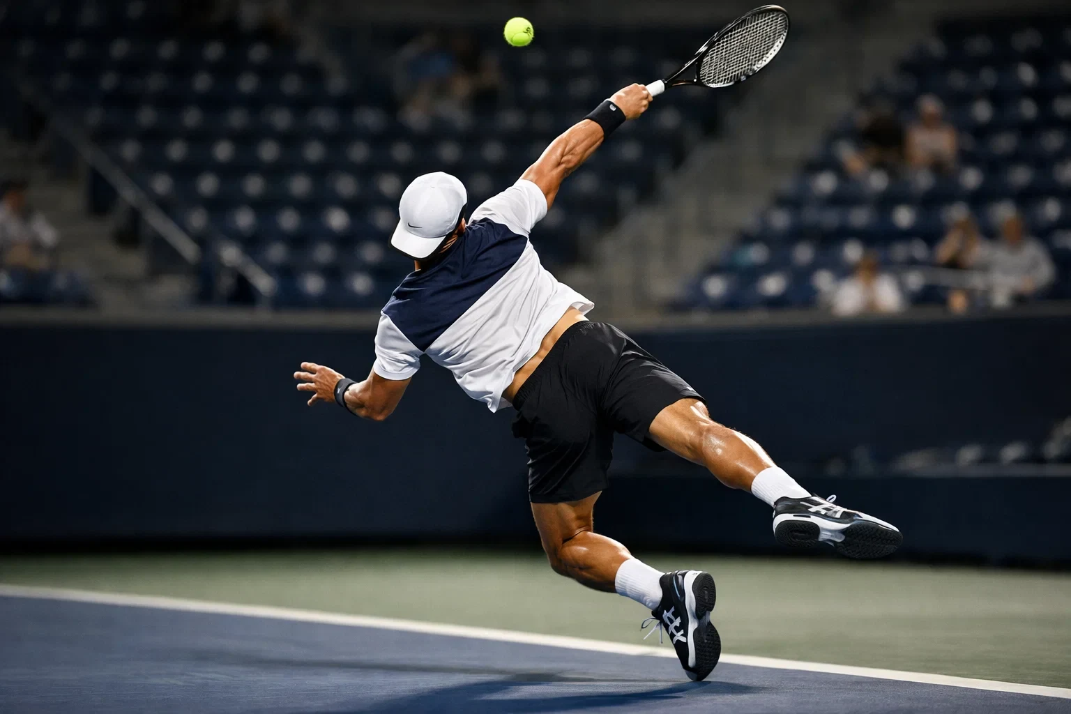 Tennisspieler beim kraftvollen Aufschlag von der Seite