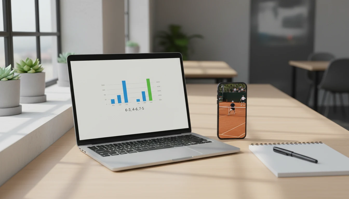 Laptop mit Tennisstatistiken neben einem Smartphone mit Live-Stream