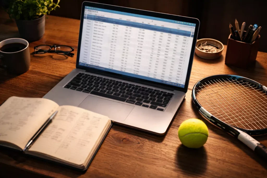 Laptop mit Tennis-Statistiken neben einem Tennisschläger auf einem Tisch