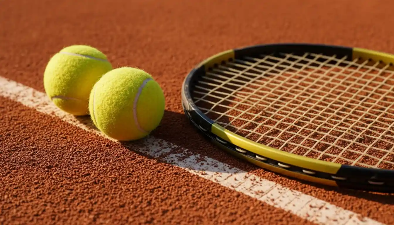 Detailaufnahme eines Tennisschlägers und Bälle auf rotem Sandplatz
