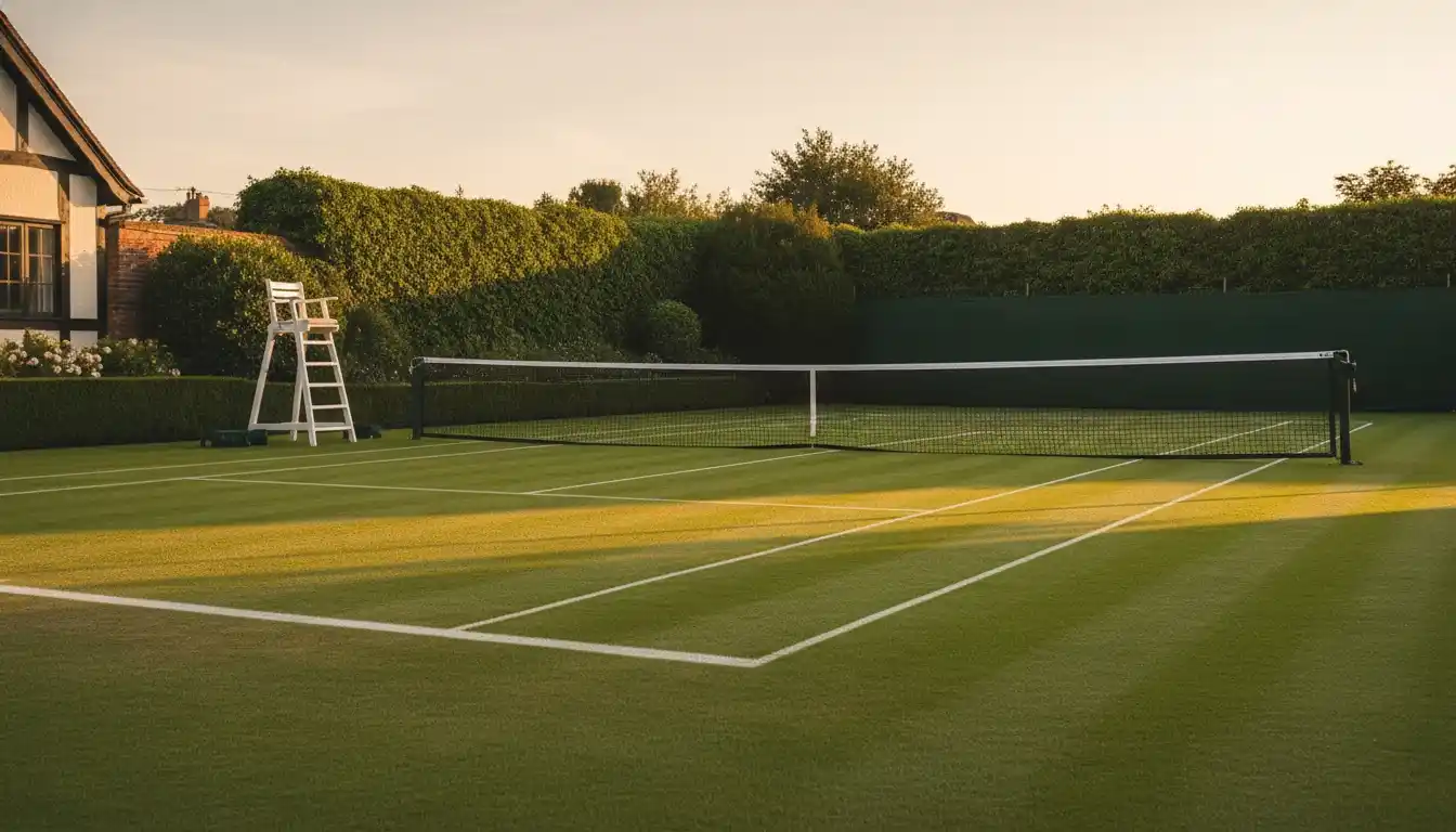 Wimbledon Rasenplatz mit Netz und weißen Linien im Sonnenlicht