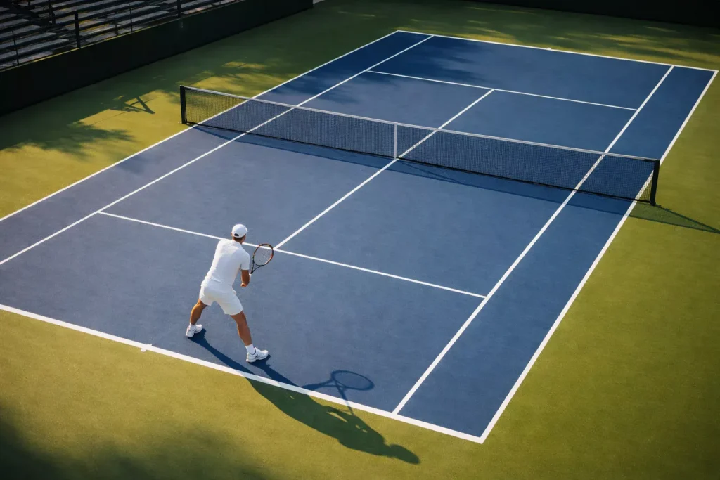 Tennisplatz aus der Vogelperspektive mit einem Spieler bei der Vorbereitung