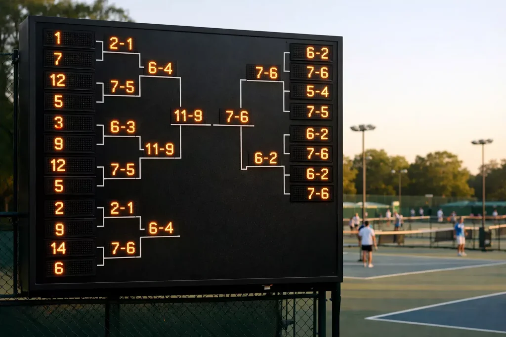 Anzeigetafel mit Tennisrangliste neben einem belebten Tennisplatz