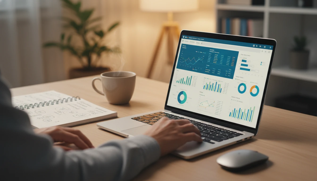 Person analysiert Tennisstatistiken auf einem Laptop mit Notizbuch