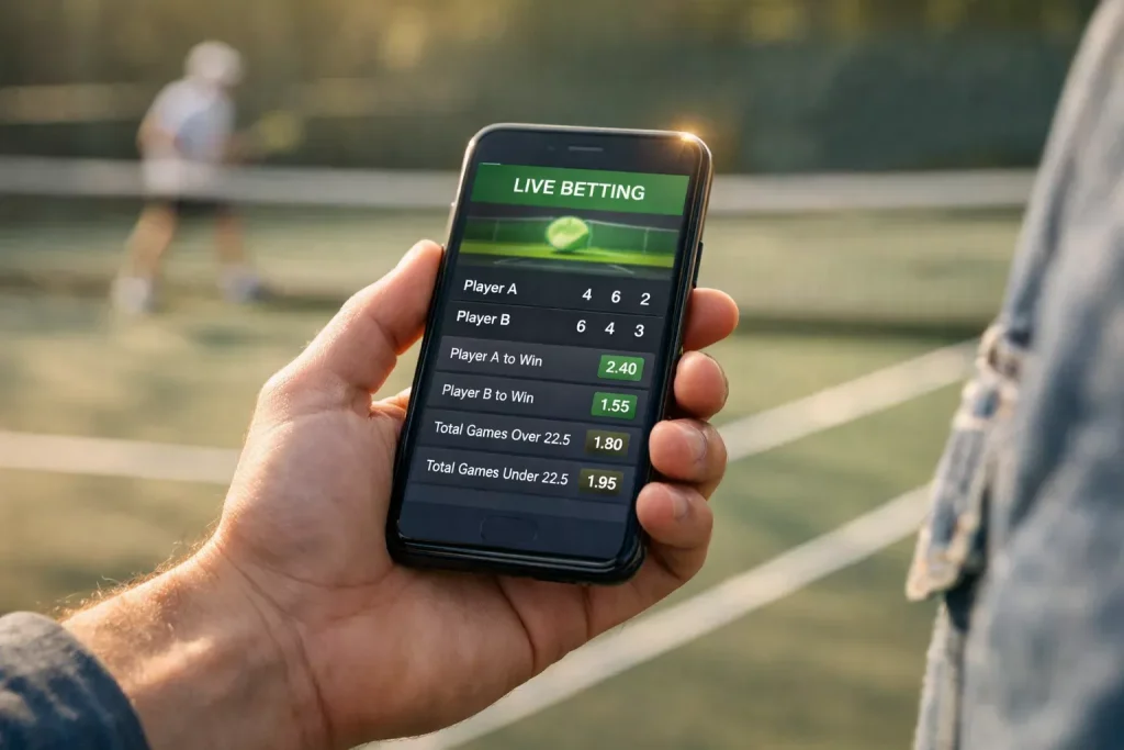 Hand hält Smartphone mit Tennis-Live-Wetten neben einem Tennisplatz