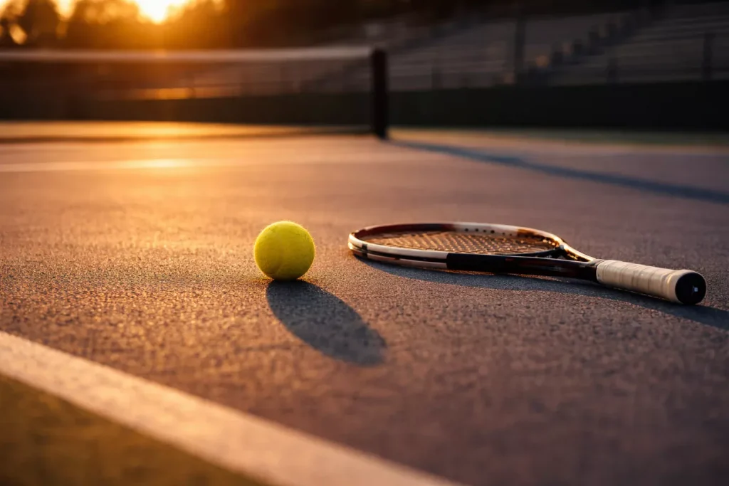 Tennisball rollt neben einem Schläger auf einem leeren Platz bei Abendlicht