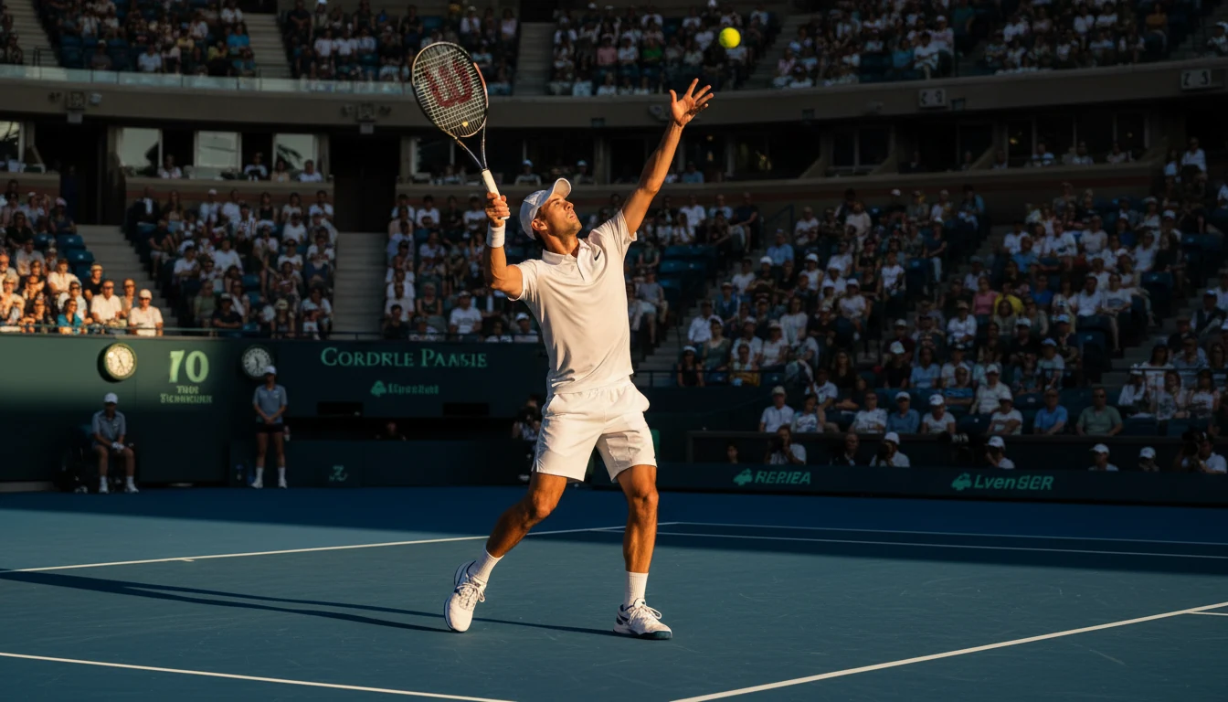 Tennisspieler beim Aufschlag auf einem professionellen Hartplatz