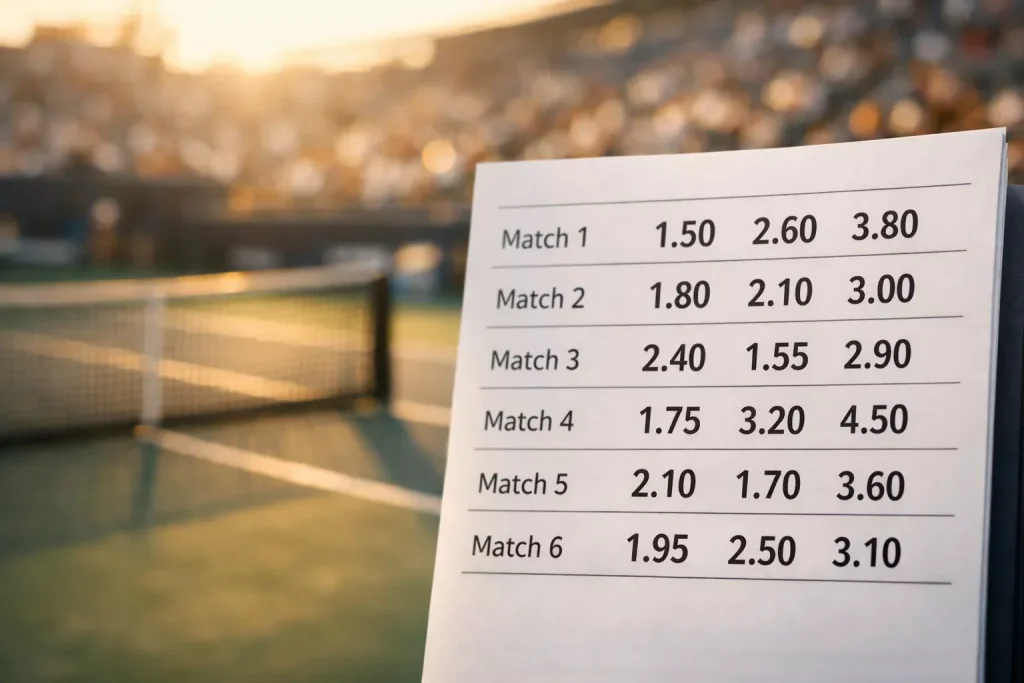 Nahaufnahme einer Quotentafel am Rande eines Tennisturniers