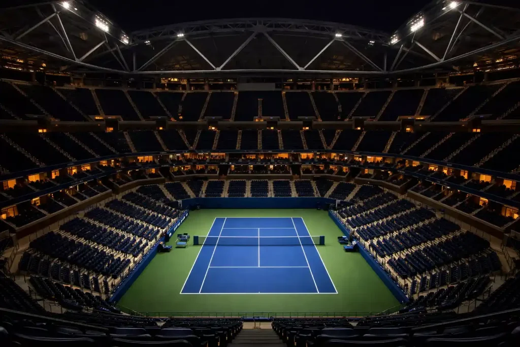 Arthur Ashe Stadium bei den US Open unter Flutlicht am Abend