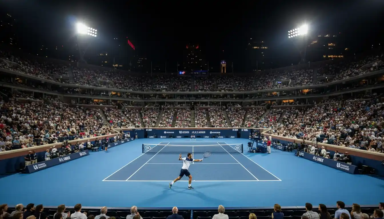 Arthur Ashe Stadium bei Nacht mit Flutlicht und vollem Publikum