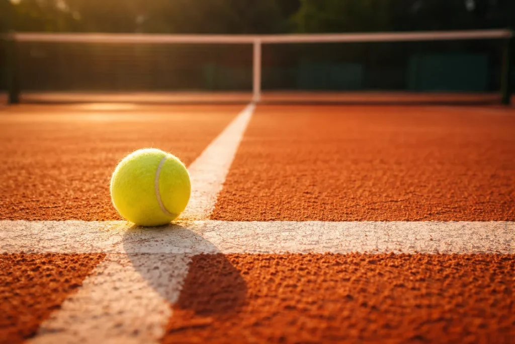 Tennisball liegt ruhig auf der Grundlinie eines sonnigen Sandplatzes