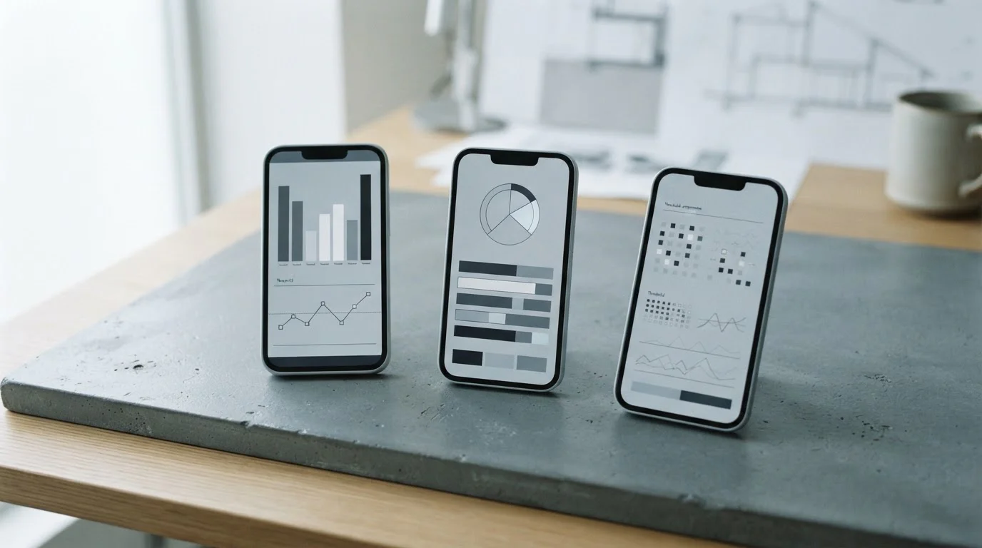 Drei Smartphone-Bildschirme nebeneinander mit abstrakten Zahlenwerten