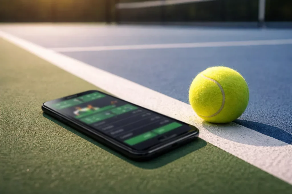 Smartphone mit Tennis-Wettquoten neben einem Tennisball auf dem Court