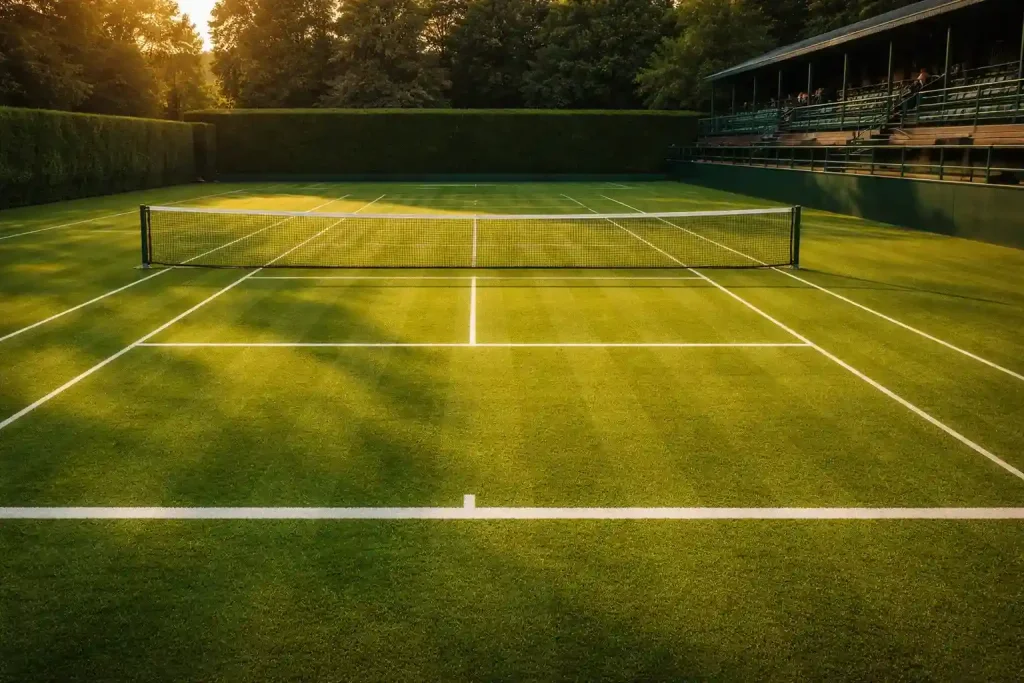 Gepflegter Rasenplatz in Wimbledon mit weißen Linien im Abendlicht