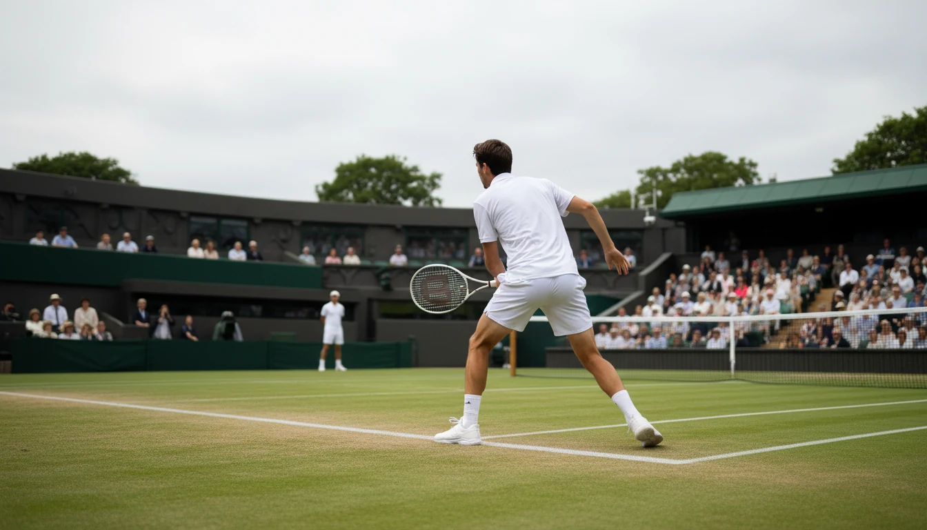 Tennisspieler in weißer Kleidung auf gepflegtem Rasenplatz in Wimbledon